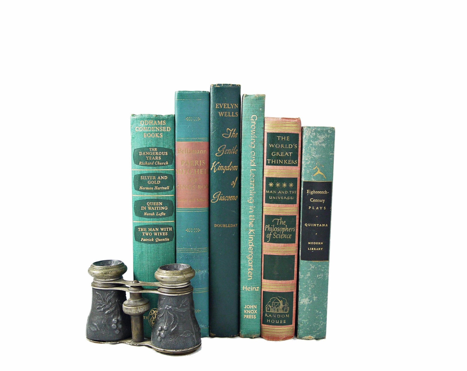 TEAL & SALMON 1940s Green Decorative Books, Wedding Decor, Book Collection Set, pink green, Antique PHoto PRops, Home Decor,  Shabby CHic,