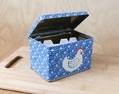 Vintage Metal Recipe Card File w/ Hinged Lid, blue w/ flowers, chicken motif