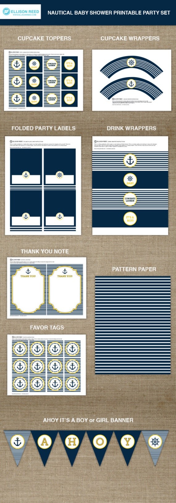 Nautical Baby Shower Printable Party - Anchor - Baby Shower Decorations - AHOY - Banner - Cupcake - Toppers - Favor Tags - Yellow - Navy Il_570xn