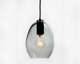 Bubble Hand Blown Smoke Glass Industrial Pendant Light- Petite