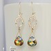 14K gold filled earrings with 11mm multi-color Swarovski peacock crystals and small Aurora Borealis crystals, 14K yellow gold filled wire