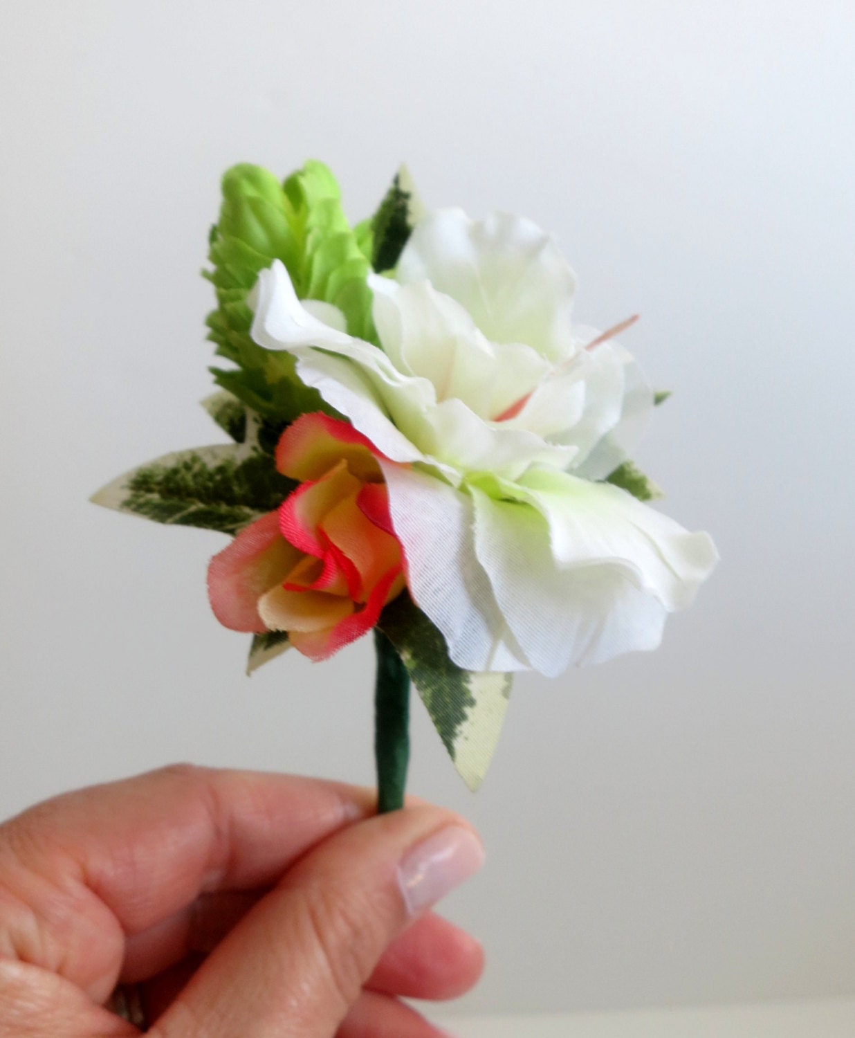 Faux Wedding Boutonniere - Anniversary Boutonniere - Prom Boutonniere - Ivory Azalea/Lime-Green Hops/Variegated Rose Buds Boutonniere