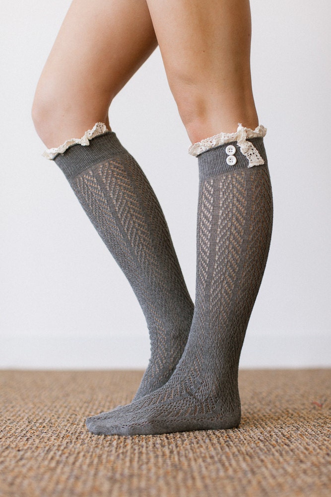 Dark Gray Lace Boot Socks Stretchy Over the Knee Knit Boot Socks With Lace Ruffle and Buttons Women's Fashion LegWear (BS-120C)