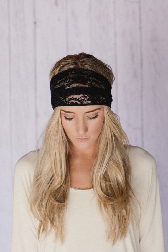 BLACK Lace Headband Stretchy Wide Lace Turband Head Covering For Women or Teens with Lace Covered Elastic Two Layers