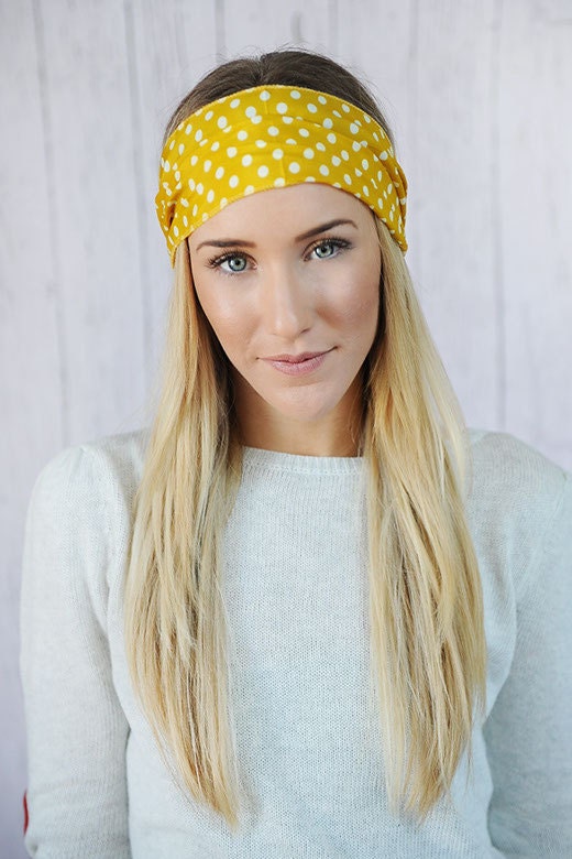 Polka Dot Head Wrap Stretchy Headband - Yellow Head Scarf Women's wide hair band urban turban head wrap headband