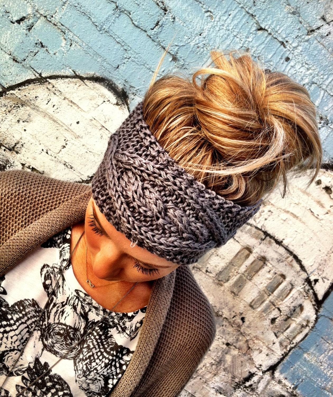 Gray Cable Knitted Headband Ear Warmer Grey Turband Style EXCLUSIVE Cozy Pinterest Favorite Women's Knit Fashion Hair Accessories