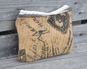 Burlap Zippered Pouch - Zippered Burlap Pouch - Burlap Case - French Stamped