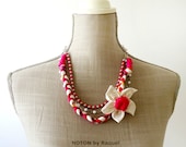 Medium Boho Necklace with Pink Textile Braid and Flower Brooch Set, textile jewelry, womens necklace, flower brooch, jewellery set