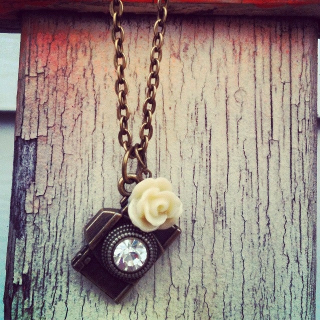 CAPTURE the moment CAMERA NECKLACE antique bronze chain photography photographer gift teal coral red black cream rose dahlia mum flower