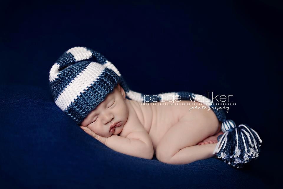 Newborn Boy Hat, Elf Hat, Photo Prop, Blue/White Beanie, Pom Pom hat, Infant Beanie.
