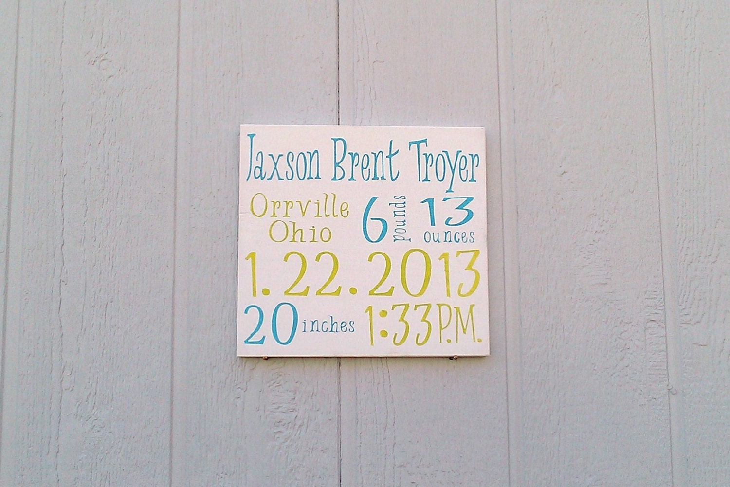 Personalized Birth Announcement Sign Hand Painted Aqua and Green