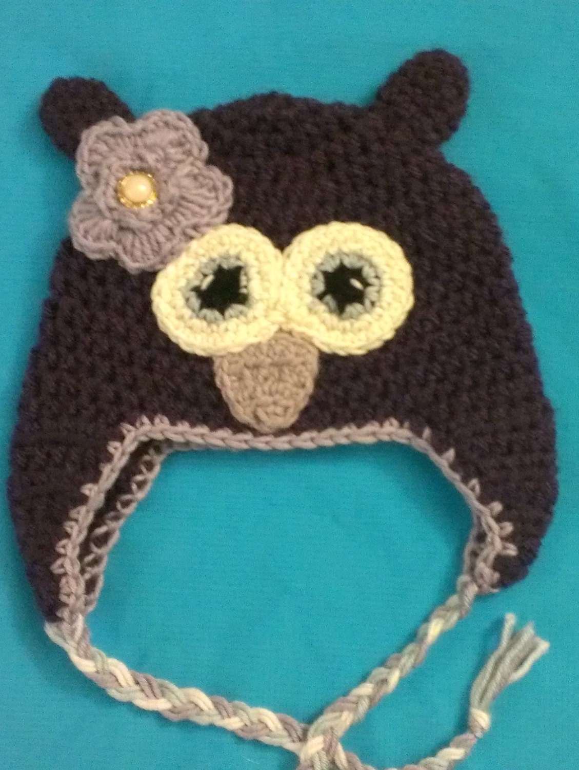 Dark Purple Owl hat with Flower accents 2-4 months Ready to Ship
