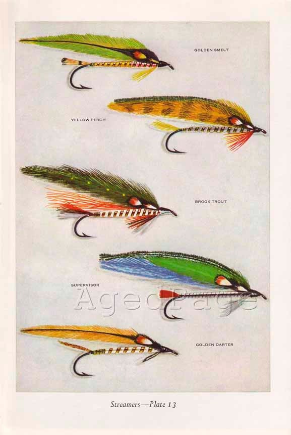 Vintage Print, Trout Fishing Flies, Art Illustration, Wall Decor, Double Sided, Streamers, Plates 13 & 14