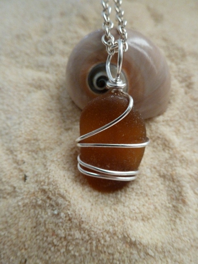 Wire wrapped brown sea glass necklace