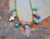 Charming necklace - Quartz prism with Natural Turquoise , Amethyst & White howlite cross - Handmade brass charm necklace - Statement piece