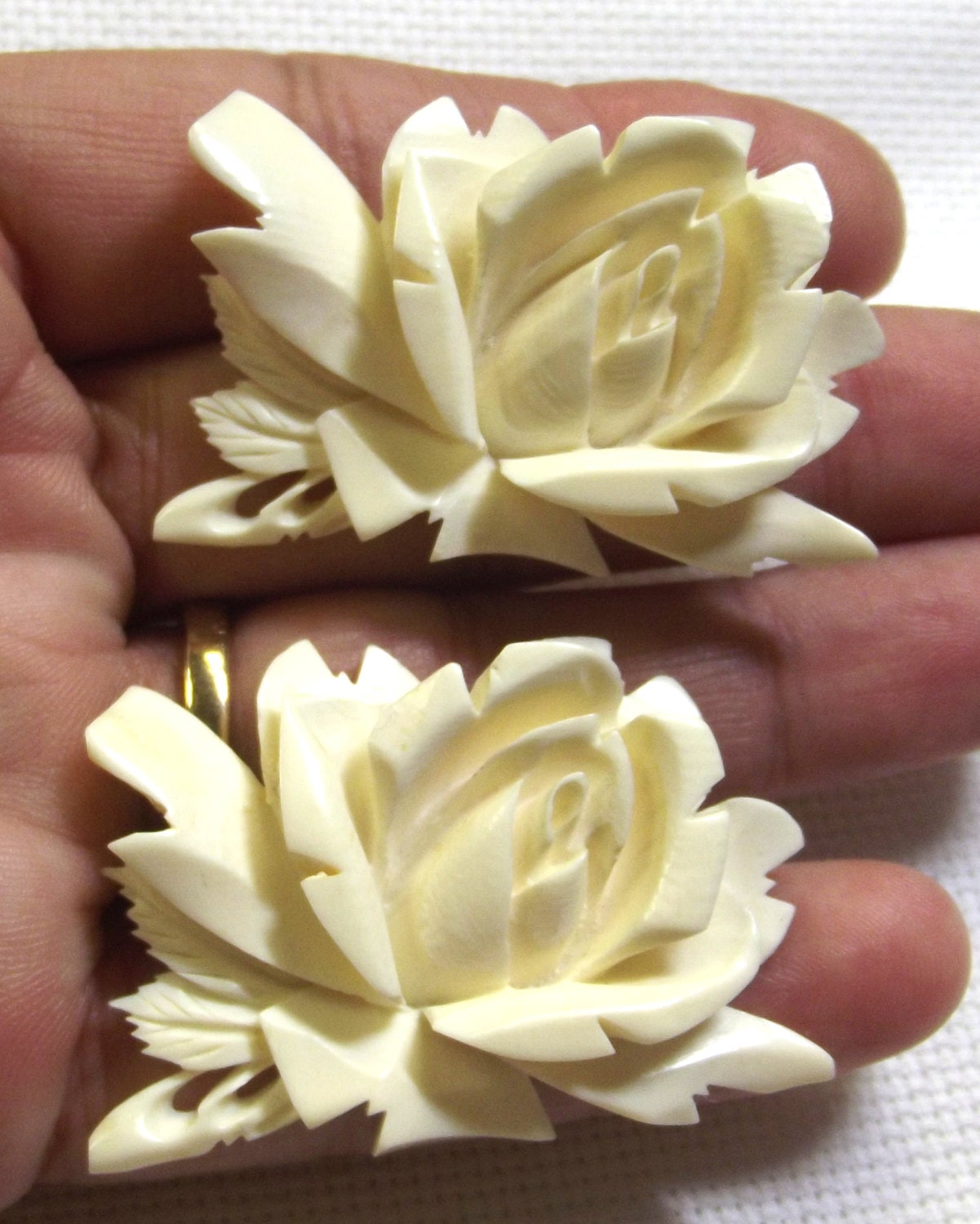 Vintage Carved Brooches, Faux Ivory Pins, Beetleware, Costume Jewelry