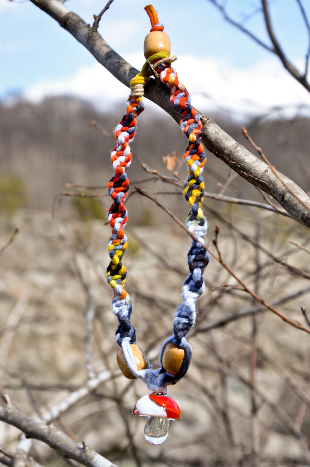 Tie Dye T-Shirt Yarn Necklace with Wood Beads and Shroom Pendant