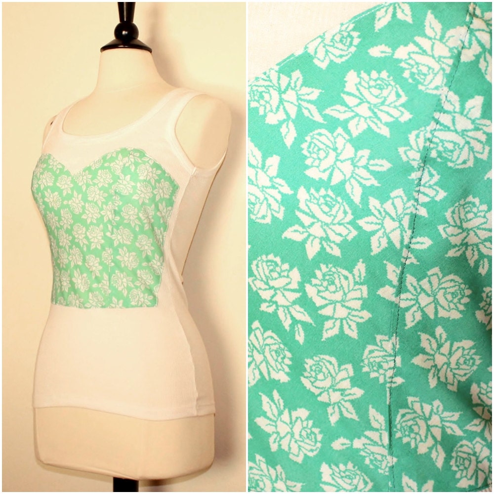 Unique White Tank Top Retro Rose Print Mint Green Bustier Look Upcycled Handmade