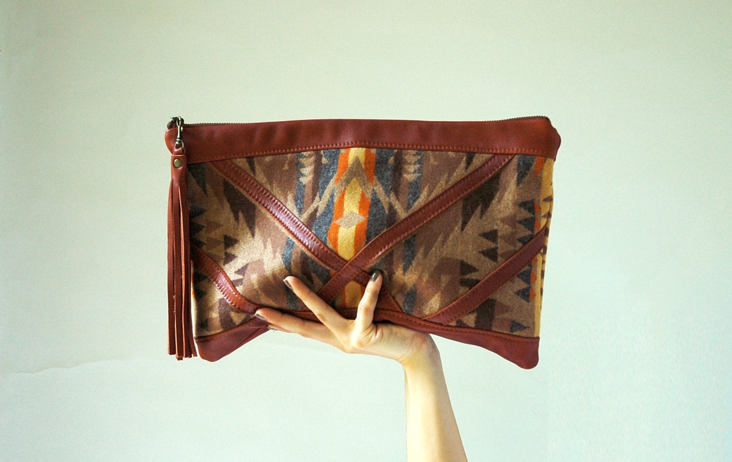 Leather and Pendleton pouch/ clutch with tassel