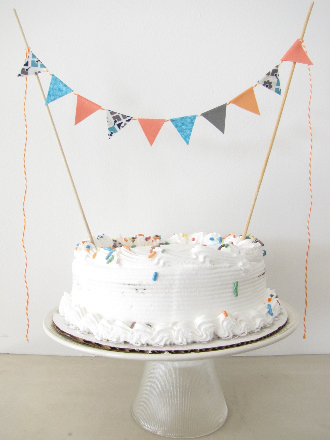 Fabric Cake Topper - Bunting Decoration - Wedding, Birthday Party, Shower Decor southwestern geometric turquoise blue grey coral orange