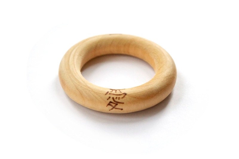 Baby Shower Gift - Organic Wooden Teething ring - Japanese Love Kanji - Wooden Baby Toy - Waldorf Baby - Fairy