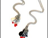 Tortured Heart Necklace with Skeleton Hand & Red Beads