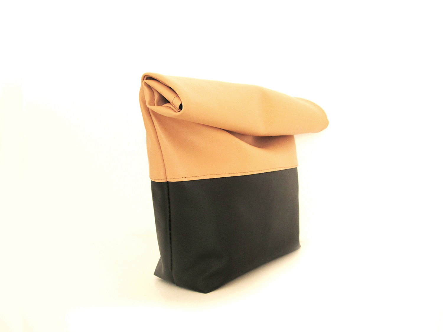 Clutch purse ,Vegan Leather, Casual clutch, Lunch bag, Foldover, Colorblock, Tan Black, Rollover clutch