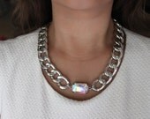 NEW LUCY Short Silver Curb Chain Necklace w/ Aurora Borealis Crystal Stone