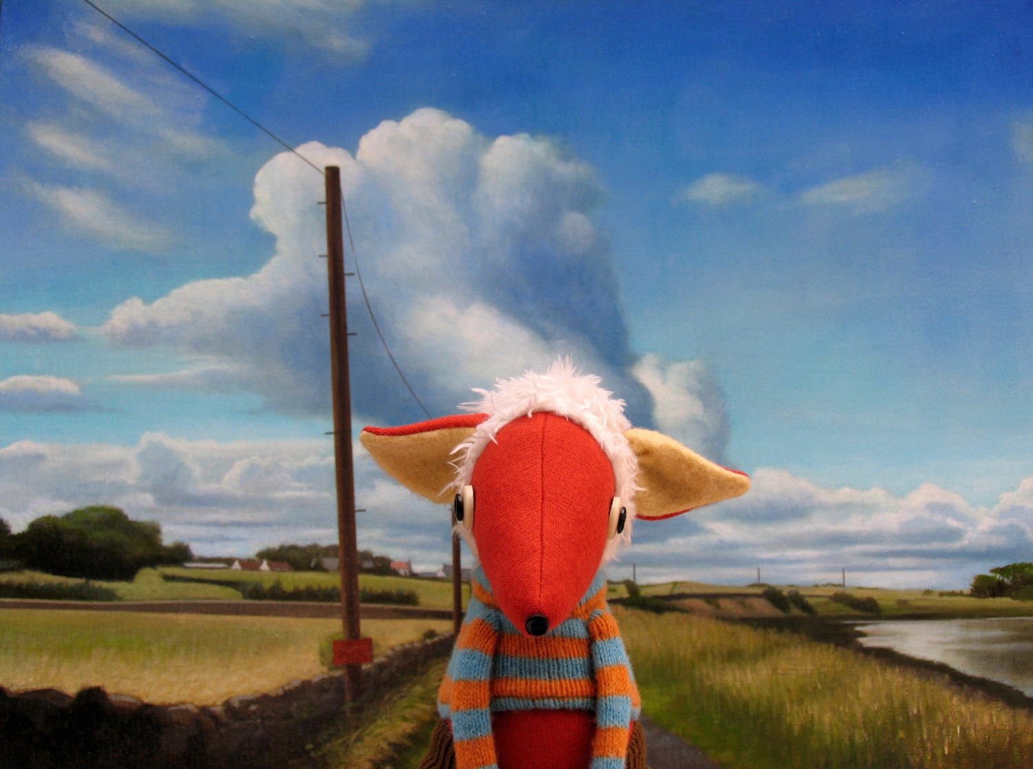 Woollen Fox  - Handmade plush sculpture -  orange woollen body with felt ears and stripey pullover.