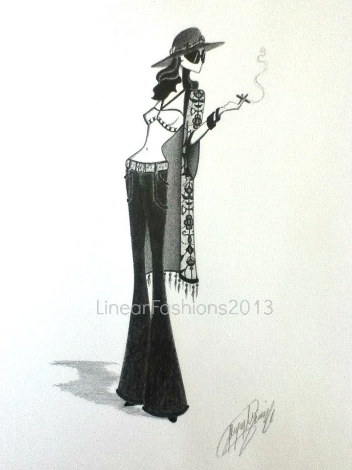 Original Pencil Drawing - fashion illustration - boho fashion - 70s shawl bell bottoms - gypsy art - fashion drawing - boho bridesmaid gift