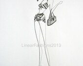 Fashion Illustration, Summer Beach Art, 1940s Striped Swimsuit, Nautical Decor, Original Pencil Drawing