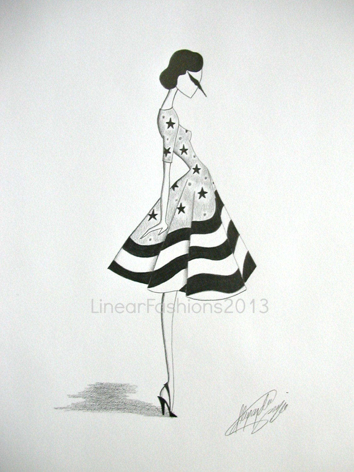 Americana fashion illustration, 1950s stars and stripes dress, fourth of July gift, original pencil drawing