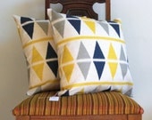 IKAT PILLOW THROW Navy blue Gray Yellow18 x 18 Triangle modern bold big Geometric white Gray blue navy cotton Home Decorative set of two