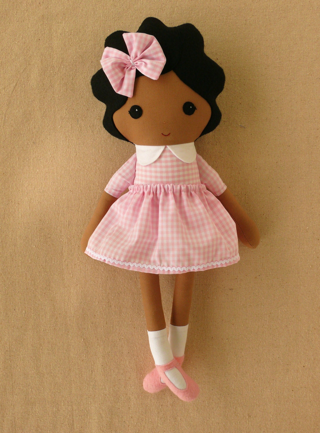 Fabric Doll Rag Doll Girl in Pink Gingham Dress