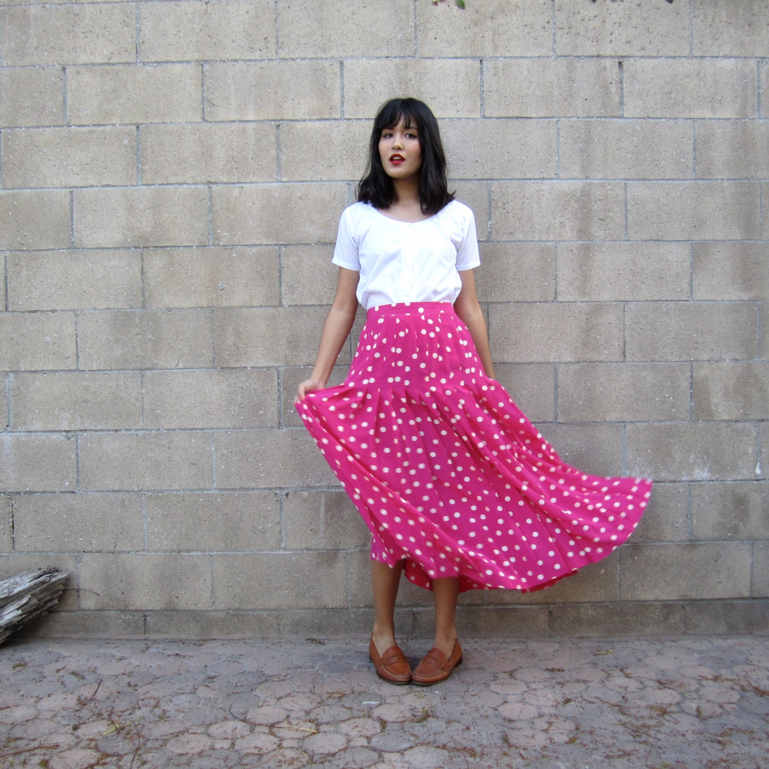 vintage polka dot skirt/ pink polka dot maxi/ long silk maxi skirt S-M