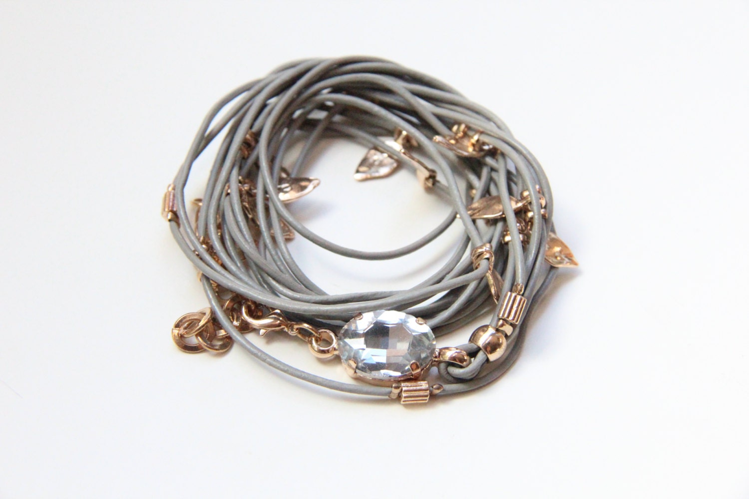 Grey leather Bracelet with golden leafs and stone - 24k gold plated