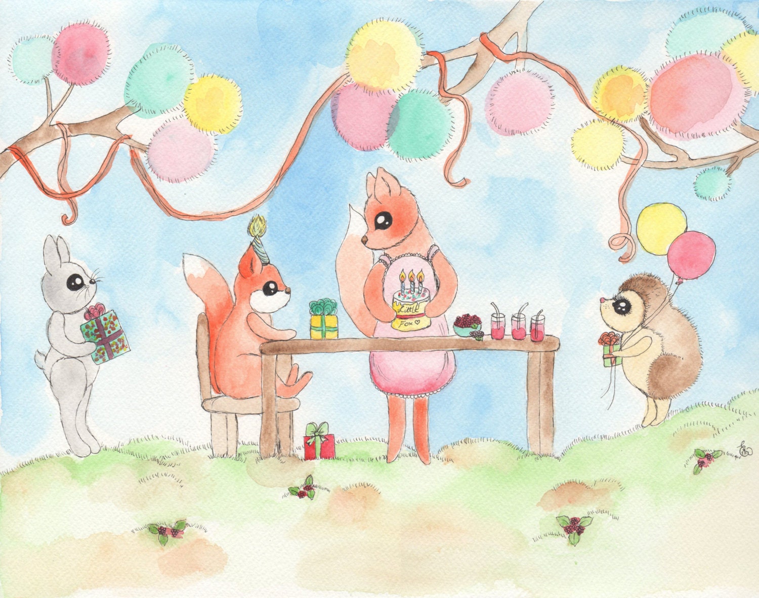 Nursery art print forest animals baby fox birthday party 8x10