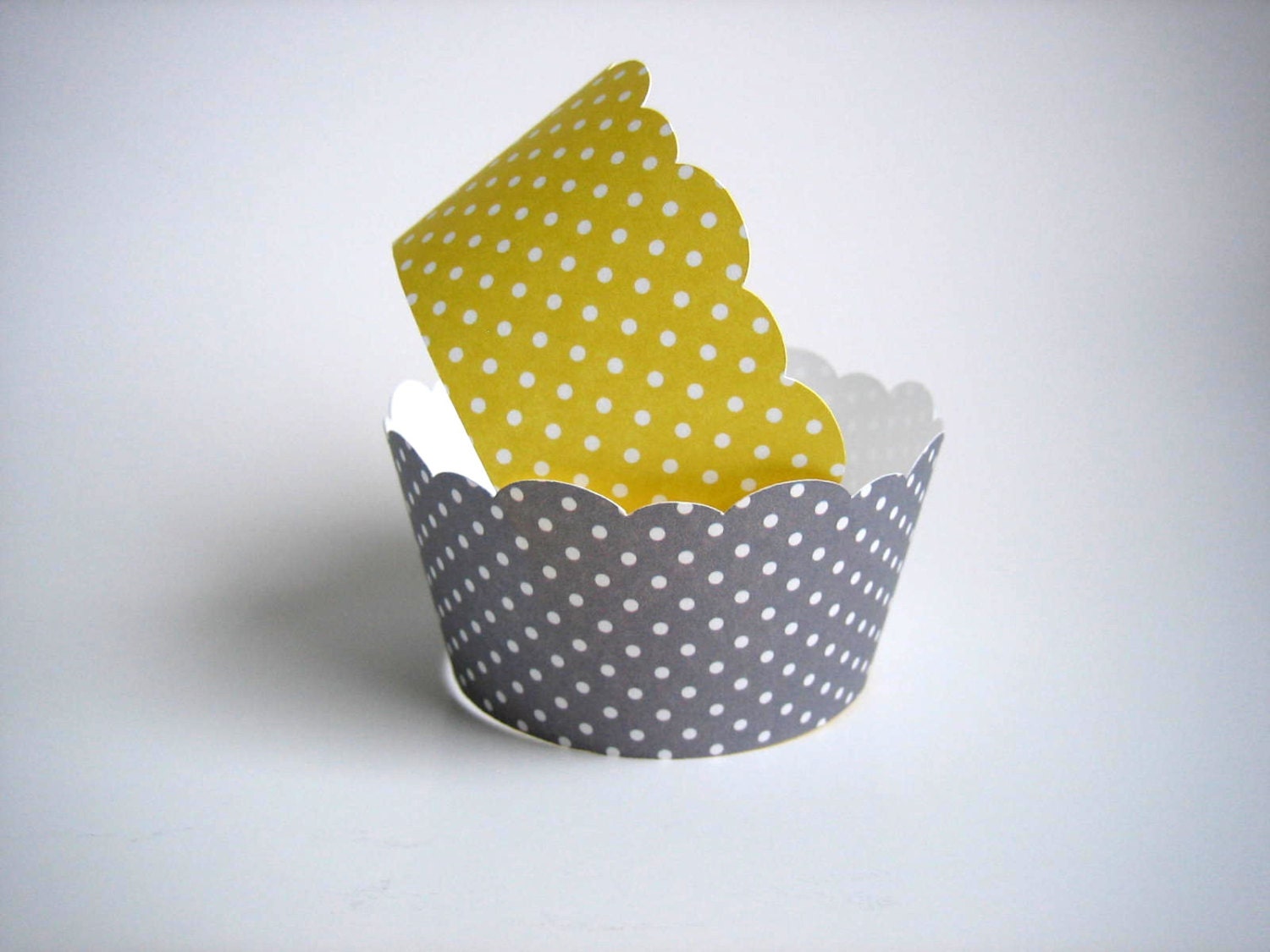 24 Yellow and Grey Polka Dot Cupcake Wrappers - Shabby Chic, Rustic, Bridal Shower, Birthday, Wedding, Baby Shower