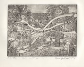 Black-and-white etching: Fox's Forest Trip (2012)