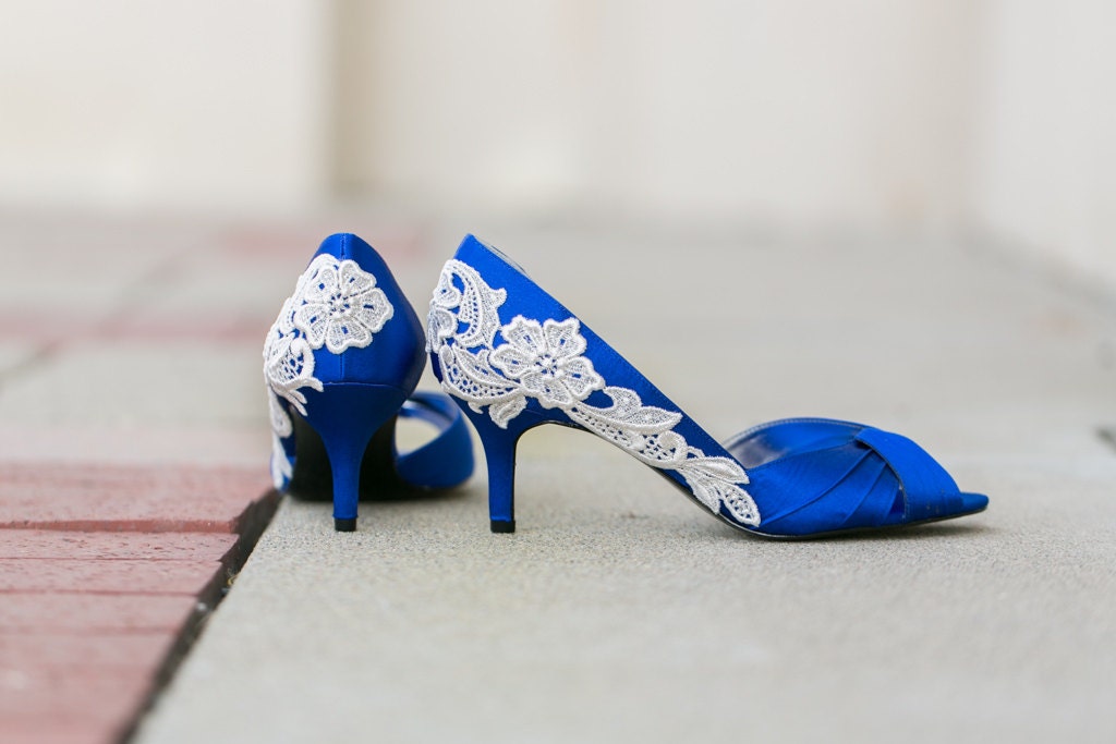 Reserved for Jessica. Royal Blue Bridal Shoes with Ivory Lace. US Size 6.5