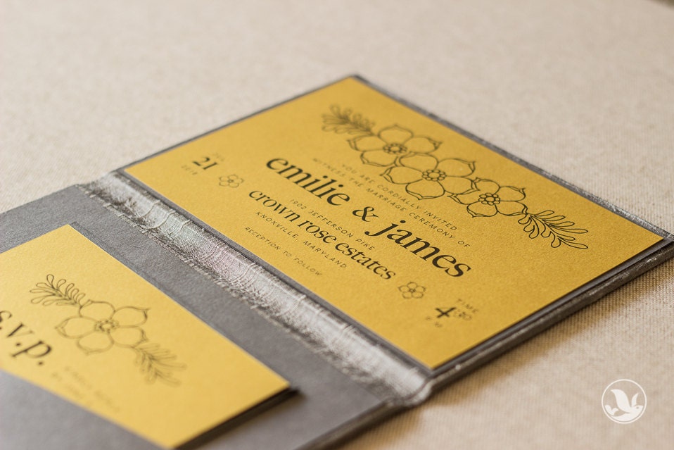 Sample Silk Folio Keepsake and Invitation Set - Emilie - Modern Gray and Yellow Wedding
