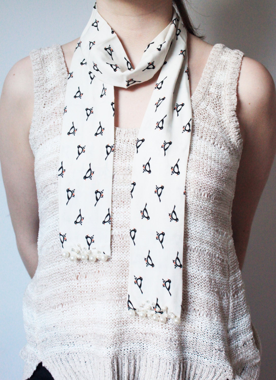 BUY-1-GET-1-FREE: Bird Print Skinny Scarf with Bead and Pearl Embellishment