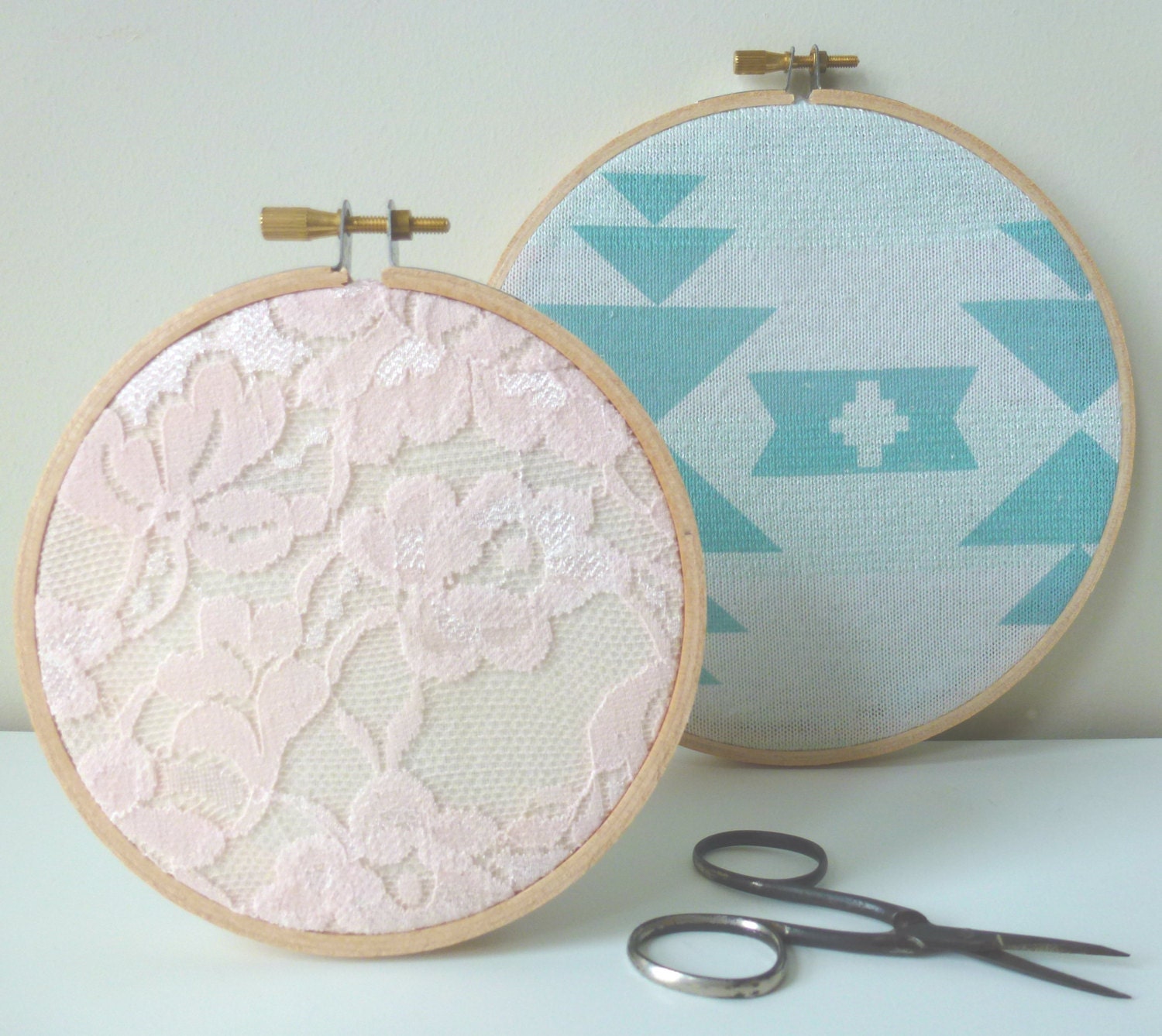 Embroidery Hoop Wall Art - Vintage Pink Lace on Calico and Ethnic pattern in Mint
