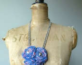 Fibre Necklace - Fabric Studed Flowers in Blue and Red