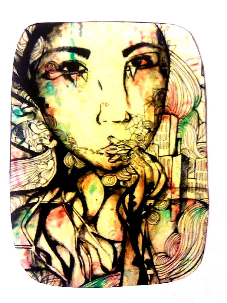 Aceo illustration art,portrait art, abstract watercolor art aceo backed with cardstock with hand cut rounded edges. Artist trading card