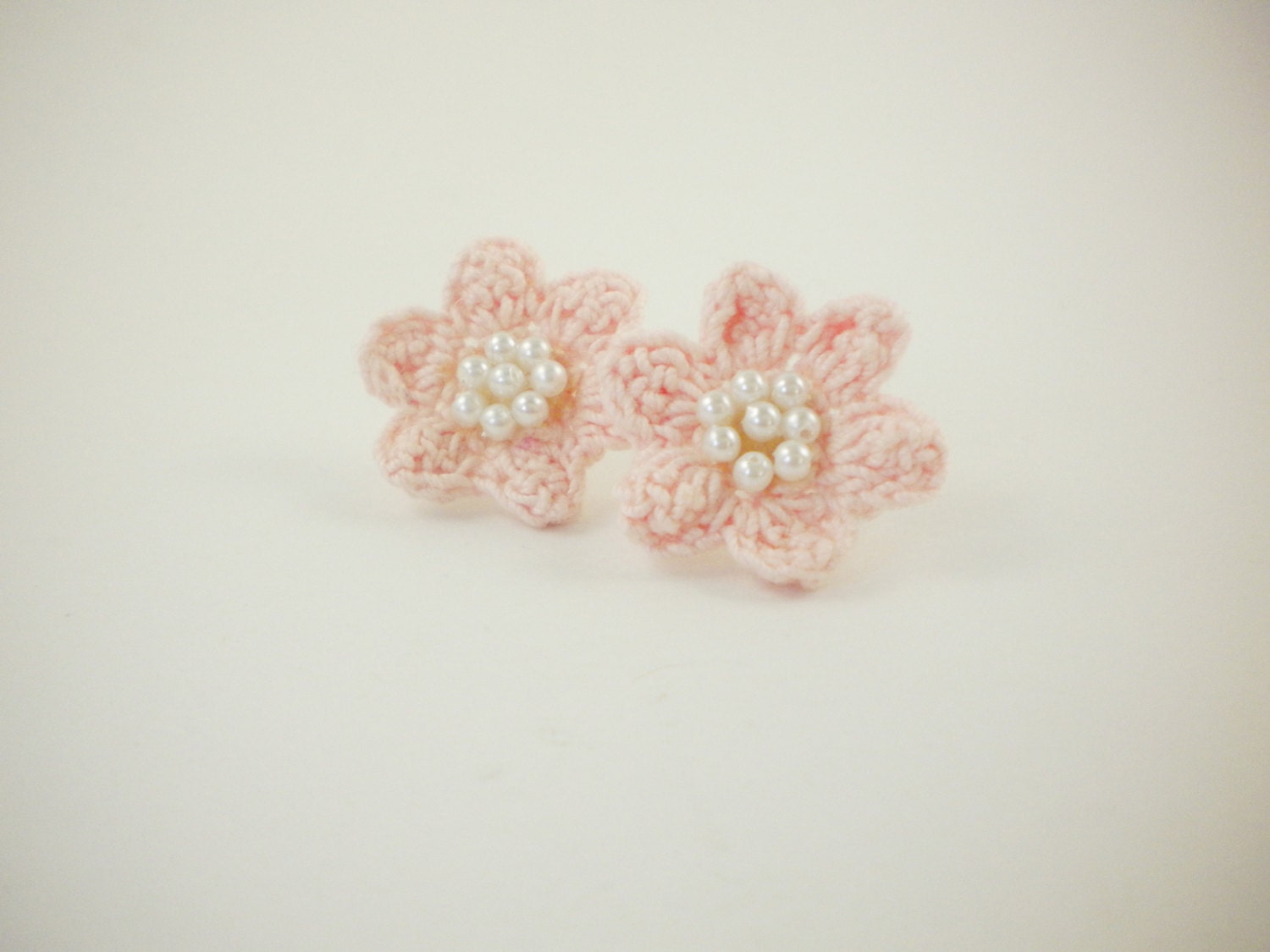Crochet Flower Earrings Tea Rose Pastel Pink with Tiny Plastic Pearls in Center - Perfect Gift for Mother's Day