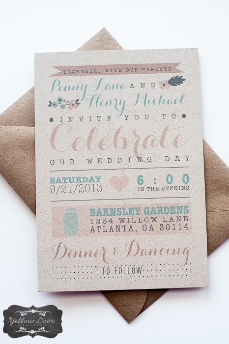 Wedding Invitation / / Rustic & Modern Kraft Paper Invitation / / Pink, Peach and Teal Calligraphy