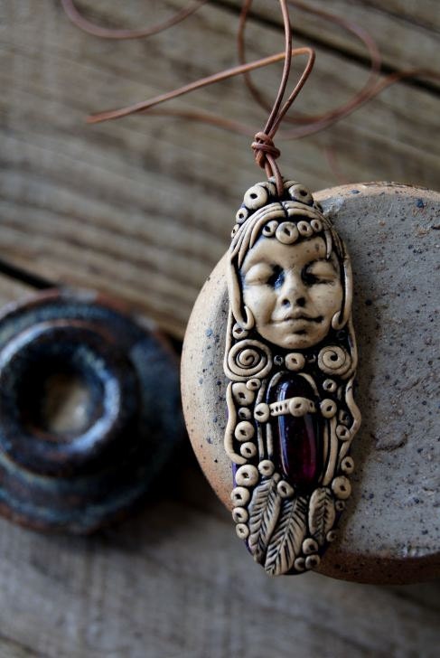 Goddess Purple Agate and Polymer Clay Pendant Necklace