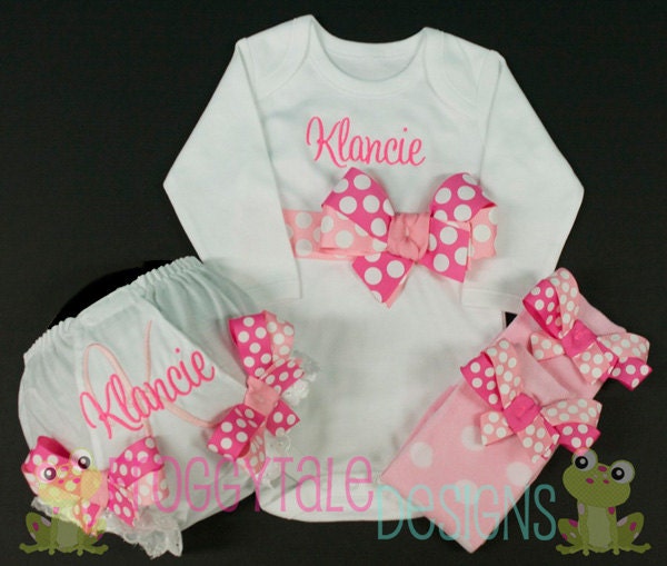 PERSONALIZED Bodysuit Onesie or Toddler Shirt Diaper Cover Bloomer Leg Warmer Outfit in Hot Pink and Baby Pink for Little Girls - Custom