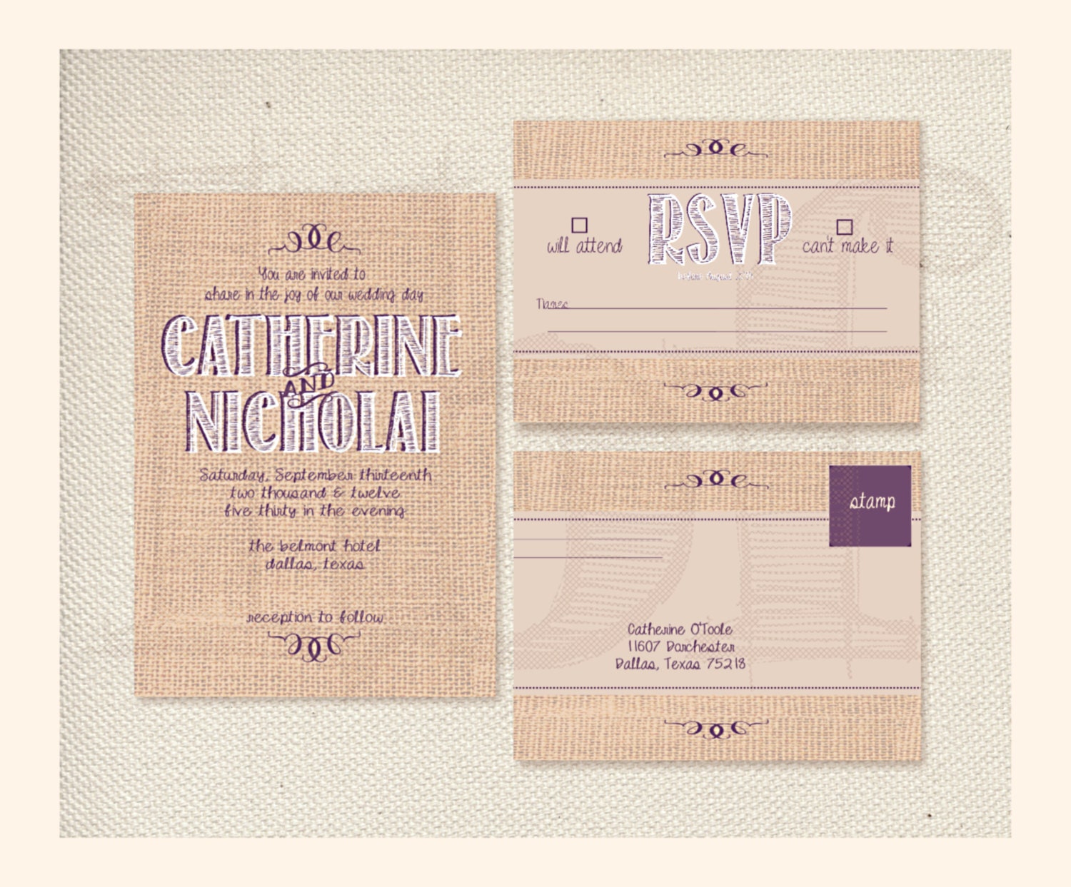 Rustic Burlap Wedding Invitation & RSVP Cards Custom